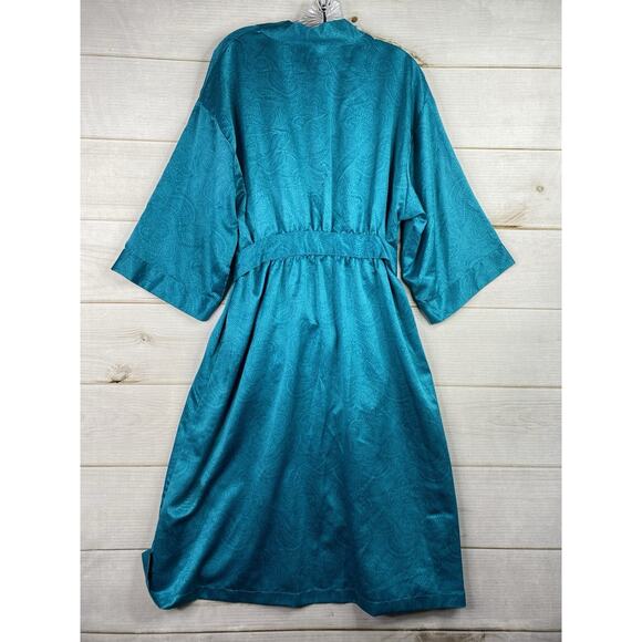 Cabernet Kimono Style Robe Sz L Turquoise Printed Belted Satin Long Classic NWT - Picture 8 of 8